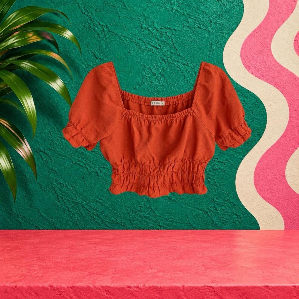 Rust Orange Puff Sleeve Smocked Crop Top Square Neck Cottagecore